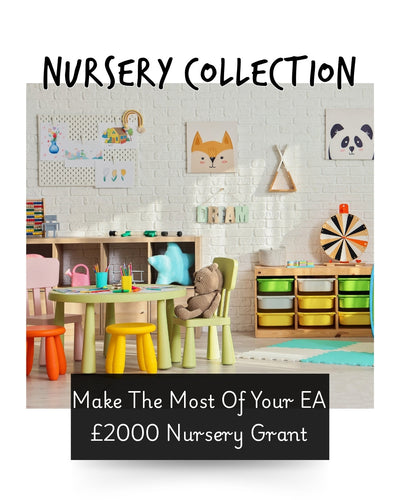 a colourful nursery room with a little table and chairs, stuffed animals, coloured trays and hand drawn pictures on the wall