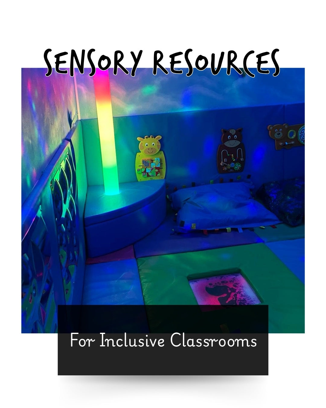 colourful sensory room with a light up tube, activity wall panels, soft padded flooring and beanbags 