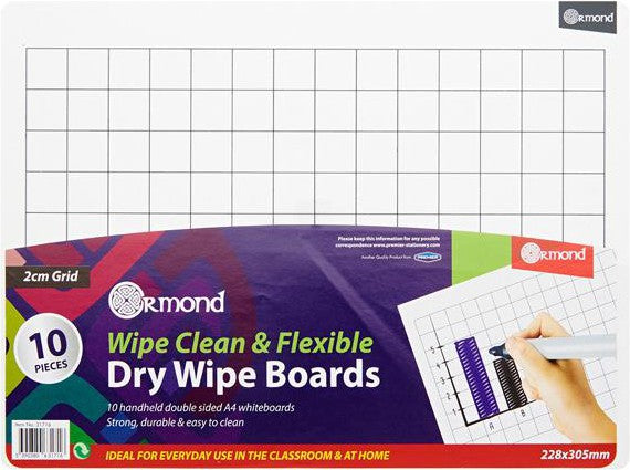 10 Dry Wipe Boards - 228x305mm - 2cm Grid, Learning SPACE
