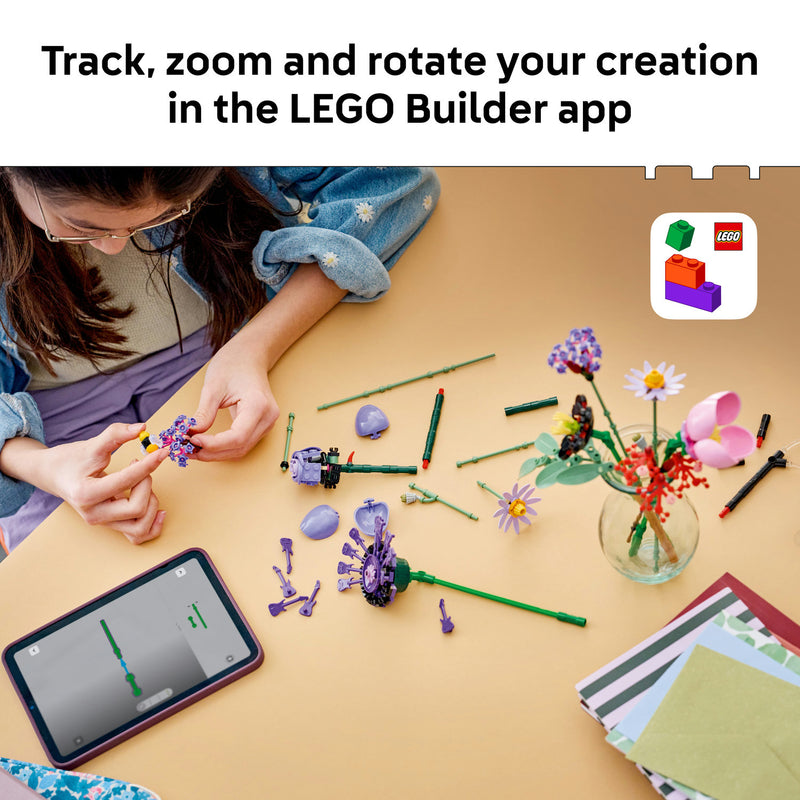 Tracking, zooming and rotating the LEGO Flower Bouquet creation in the LEGO Builder app on a tablet
