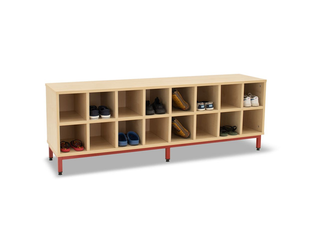 16 Compartment Bench-Cloakroom, Shelves, Storage, Wellbeing Furniture-Maple-Red-Learning SPACE