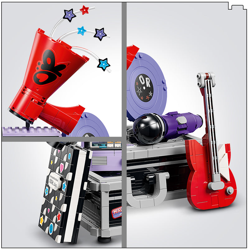 Close-up collage of the LEGO Secret Storage mini builds, including the megaphone, notebook, vinyl record, microphone and guitar
