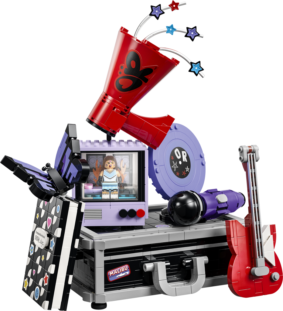LEGO Editions Olivia Rodrigo's Secret Storage building set, a concert touring case with guitar, microphone, vinyl record, megaphone, TV and notebook mini builds
