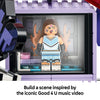 The Olivia Rodrigo minifigure displayed inside the TV in a scene inspired by the Good 4 U music video
