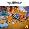 A builder using the LEGO Builder app on a tablet alongside the pieces of the Olivia Rodrigo's Secret Storage set
