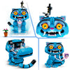 Four views of the LEGO Derpy Tiger and Sussie Bird set showing the love-note pose, the magpie figure, the hidden storage compartment and swappable expressions
