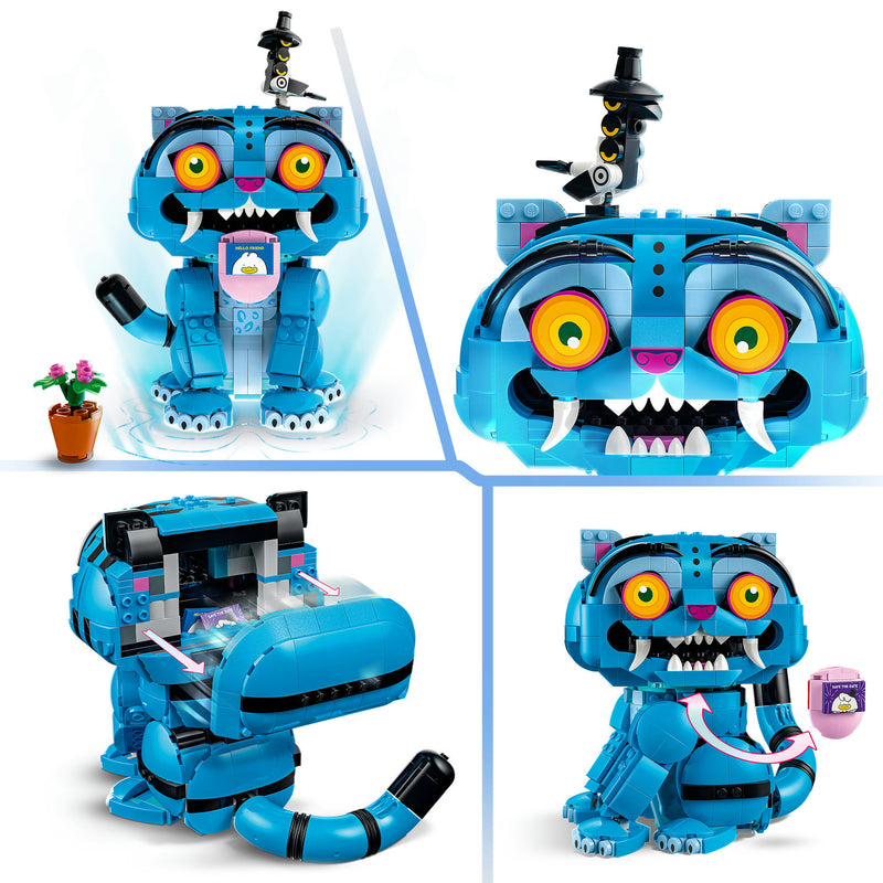 Four views of the LEGO Derpy Tiger and Sussie Bird set showing the love-note pose, the magpie figure, the hidden storage compartment and swappable expressions
