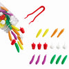 Colorful fishing lures with a red hook on a white background