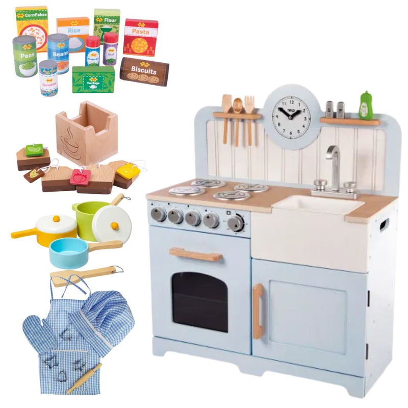 Bigjigs Country Play Kitchen with Accessories! Full Kitchen Experience Bundle, Blue Learning SPACE