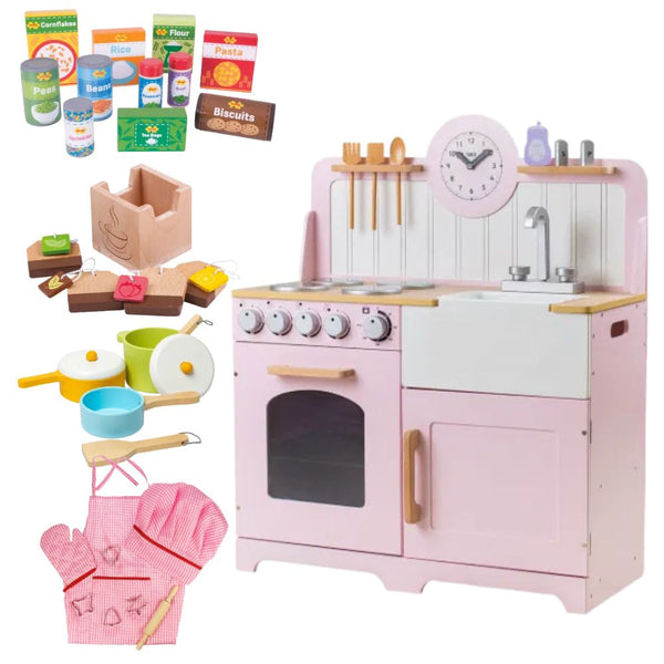 Bigjigs Country Play Kitchen with Accessories! Full Kitchen Experience Bundle, Pink Learning SPACE