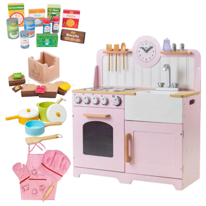 Bigjigs Country Play Kitchen with Accessories! Full Kitchen Experience Bundle, Pink Learning SPACE