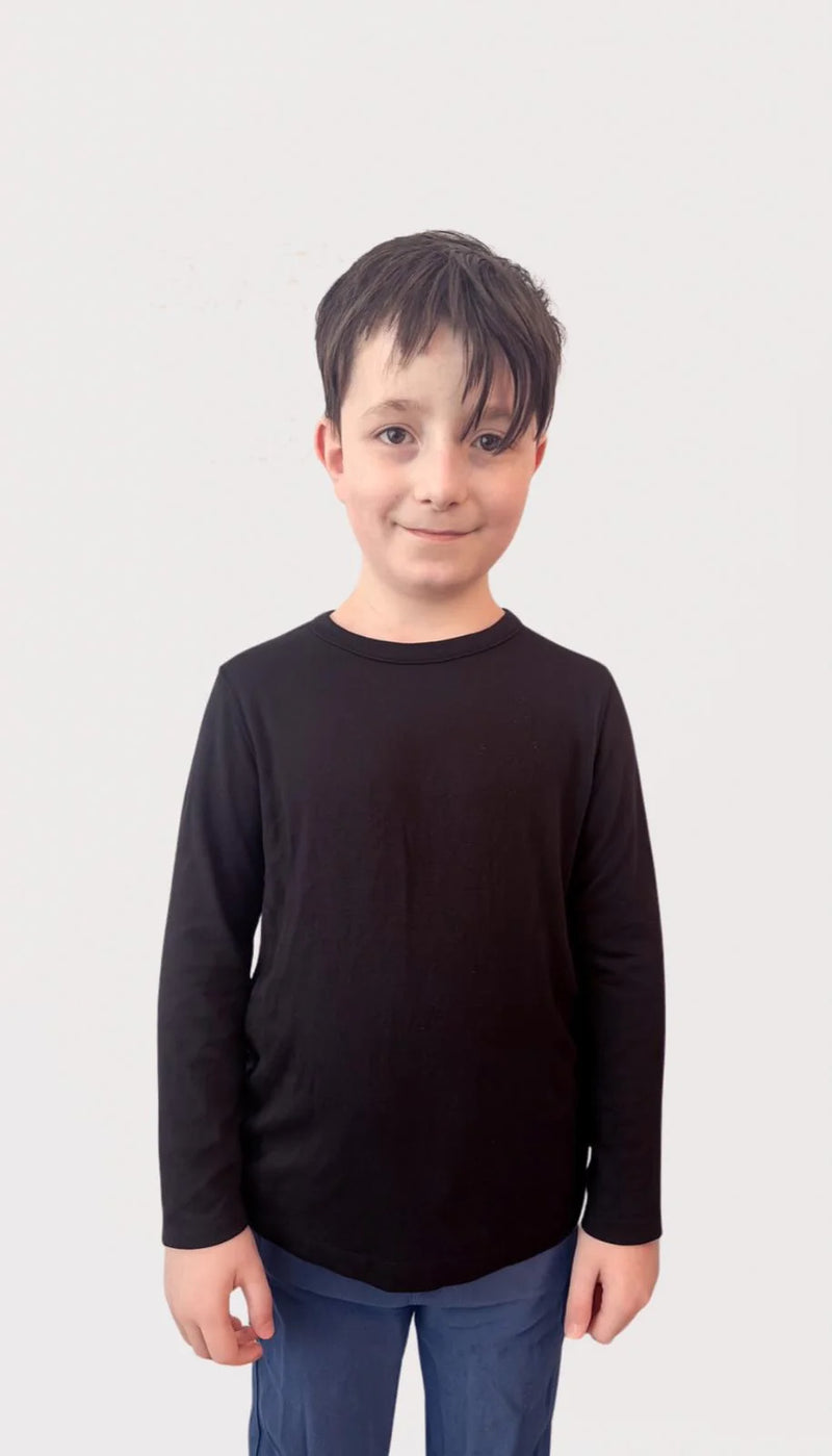 Kids Black Fidget-T Long Sleeve Shirt: Sensory Clothing with Built-in Popits, Learning SPACE
