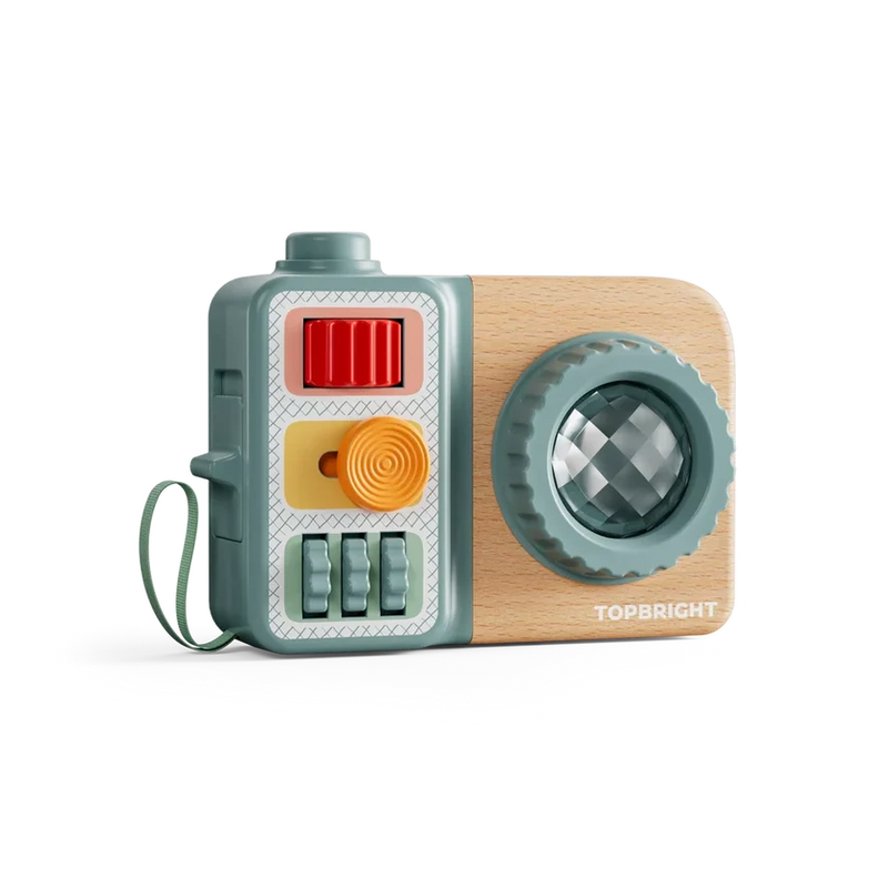 Busy Camera activity toy with a prism lens, colourful sliders, rollers and a wrist strap