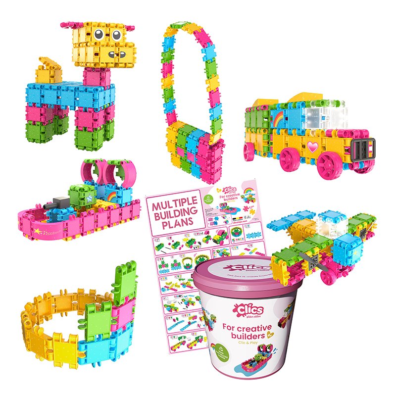 Clics Bucket – Glitter 175 Pcs + 8 Plans-Building Blocks,Fine Motor Skills,SCOTEXCEL,Tactile Toys & Books-Learning SPACE