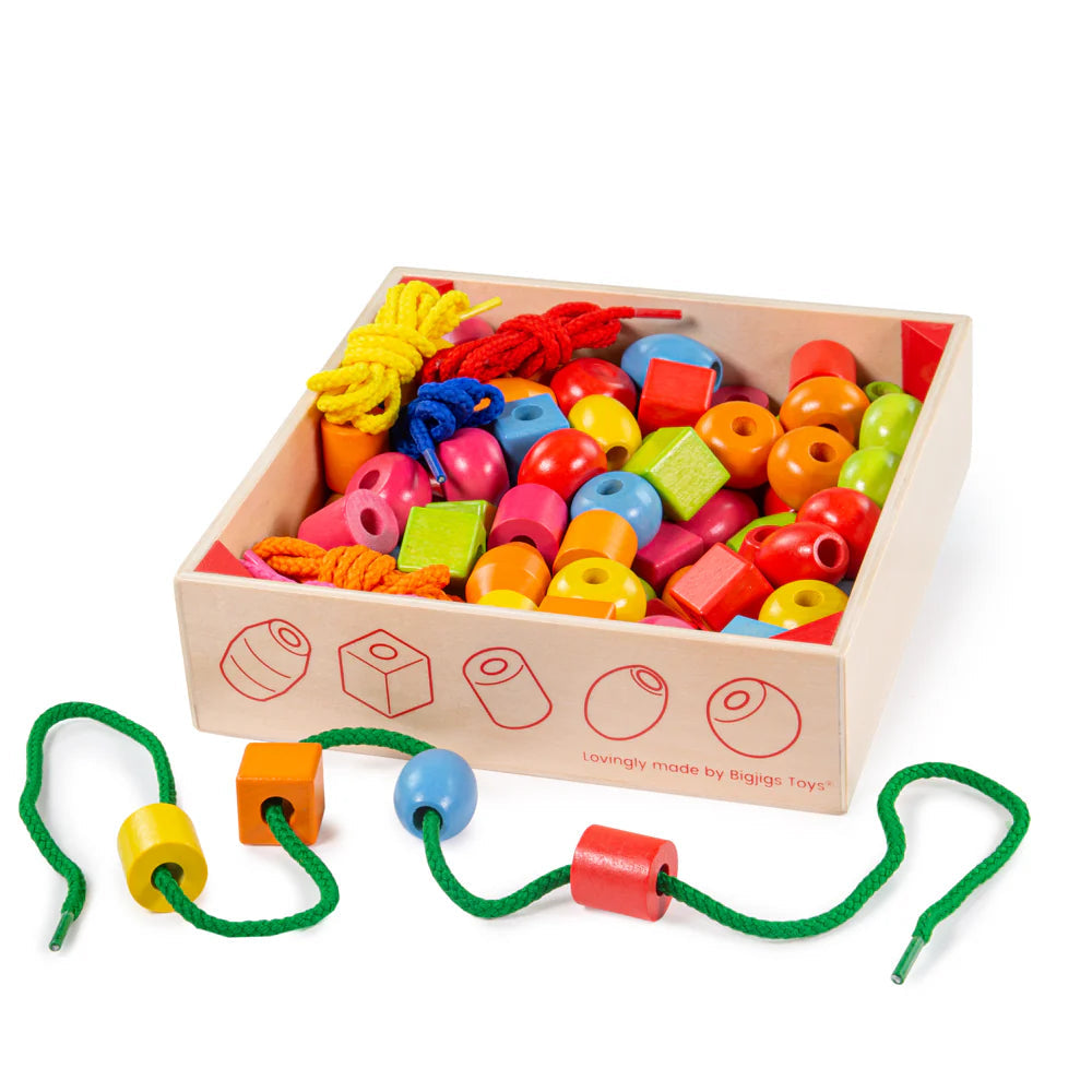 Crate of Lacing Beads - 90 Wooden Fine Motor Beads-Bigjigs Toys, Counting Numbers & Colour, Fine Motor Skills, Lacing, Maths Toys, Memory Pattern & Sequencing, Threading, Wooden Toys-BJ662-Learning SPACE