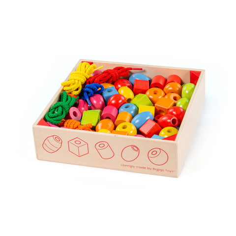 Crate of Lacing Beads - 90 Wooden Fine Motor Beads-Bigjigs Toys, Counting Numbers & Colour, Fine Motor Skills, Lacing, Maths Toys, Memory Pattern & Sequencing, Threading, Wooden Toys-BJ662-Learning SPACE