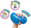 A hand squeezes a blue glittery stress ball with black speckles. Three circular callout graphics at the top show how to use it: pump, fill, and squeeze, with arrows and text labels on a white background.