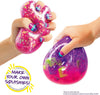 Two hands squeezing colorful glittery and wavy stress squishies against a white background, with a badge that reads 'MAKE YOUR OWN SQUISHIES!'.