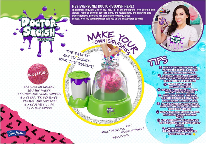 A colorful promotional flyer for 'Doctor Squishies' by John Adams, showing a woman making a pink slime squishie in a glass jar. The flyer includes product details, an instruction manual, a list of included items, and a tips section on a white, pink, and blue background.