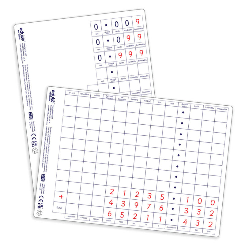 Dry Erase Place Value Decimal boards - Pupils Pack of 30, Learning SPACE
