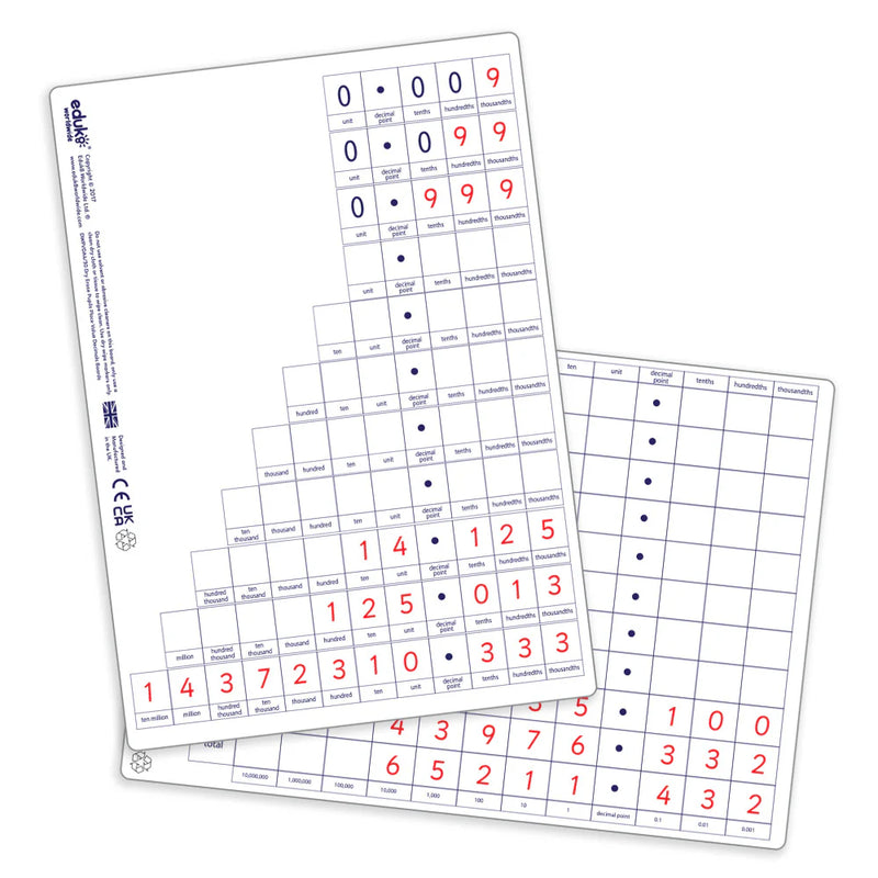 Dry Erase Place Value Decimal boards - Pupils Pack of 30, Learning SPACE