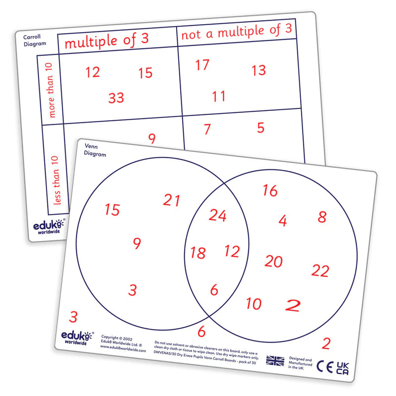 Dry Erase Pupils Carroll & Venn boards A5 Pack of 30, Learning SPACE