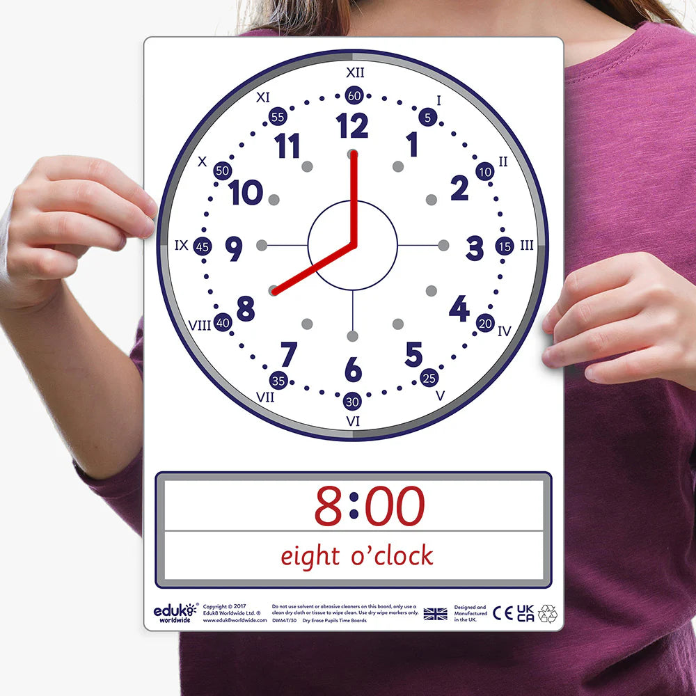 Dry Erase Pupils Time Boards A4 Pack of 30-Classroom Resources,Educational Classroom Materials,EDUK8,Learning Resources,Sand Timers & Timers,Visual Sensory Toys-Learning SPACE