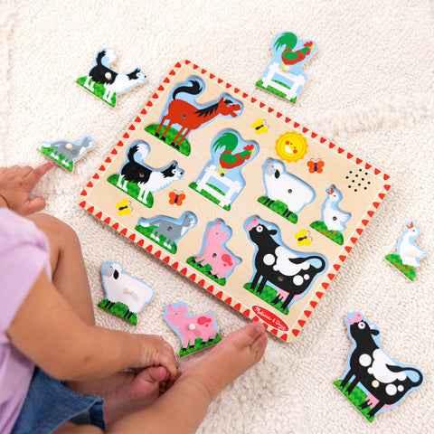 Farm Animals Sound Puzzle - 8 Pieces-Baby Wooden Toys,Down Syndrome,Farms & Construction,Imaginative Play,Sound. Peg & Inset Puzzles,Stock-Learning SPACE