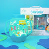 Blue Glo Pals ABC sensory jar with letters, numbers and school-themed stickers, displayed beside its gift box