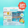 Glo Pals blue ABC sensory jar gift box showing the jar, two Fun Fillers packs and an ABC theme label