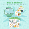 Glo Pals Silly Zoo gift set contents showing a green sensory jar, two Fun Fillers packs and animal cling sticker sheets