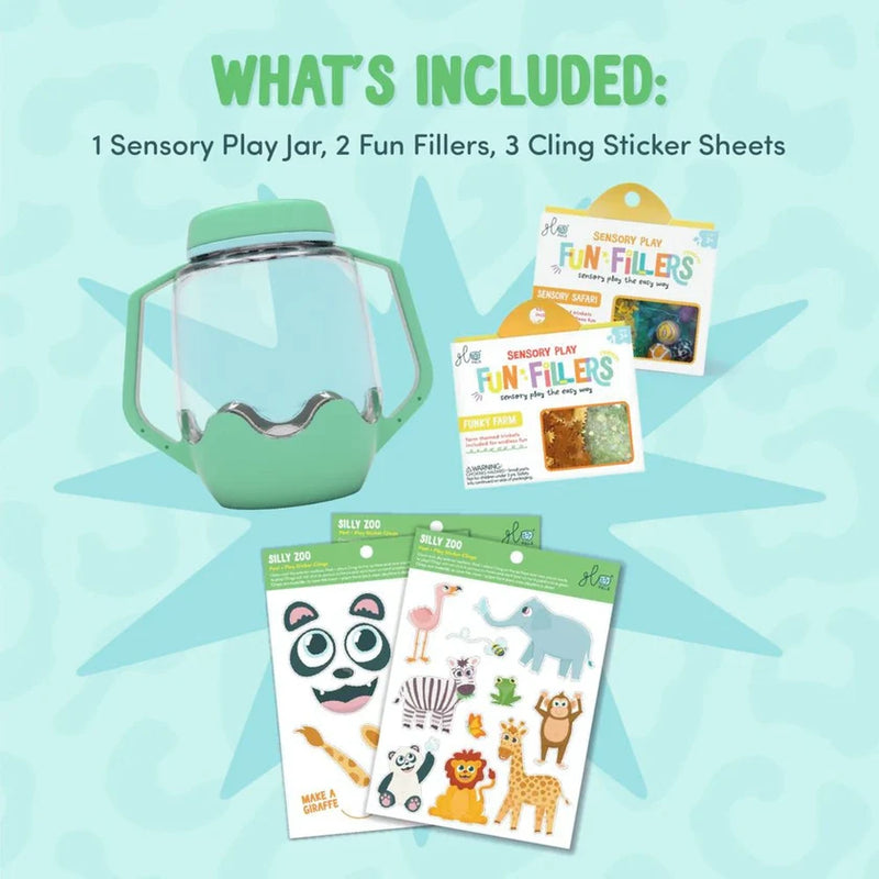 Glo Pals Silly Zoo gift set contents showing a green sensory jar, two Fun Fillers packs and animal cling sticker sheets