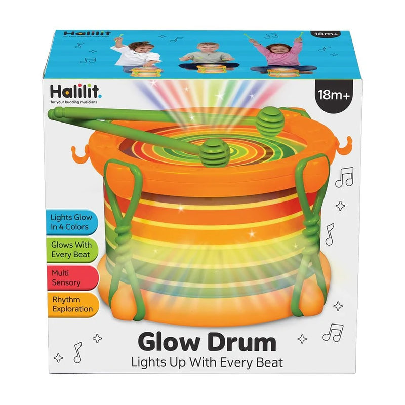 Halilit Glow Drum packaging showing the light-up drum, two green beaters and an age recommendation of 18 months+