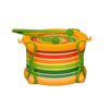 Halilit Glow Drum with colourful striped sides, an orange rim and two green beaters resting on top