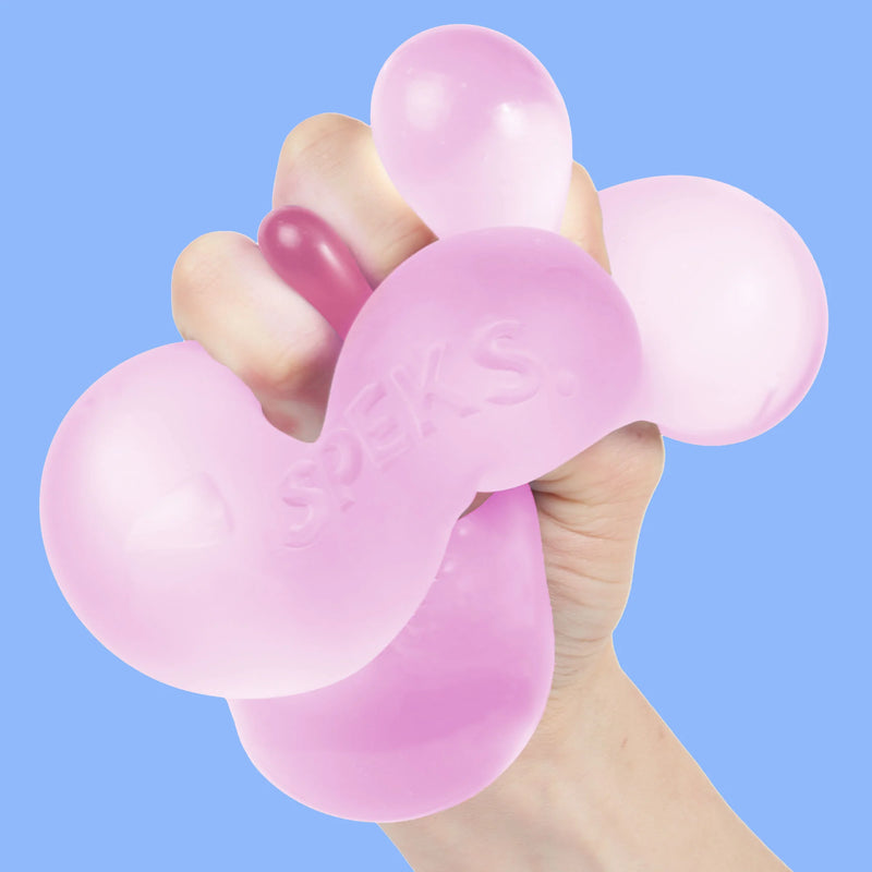 Hand squeezing the pink Speks Gump Jumbo Moon Jelly stress ball
