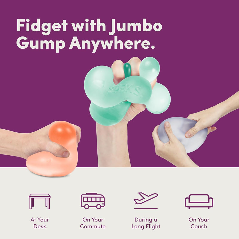 Fidget with Jumbo Gump Anywhere infographic showing use at a desk, on a commute, on a flight and on the couch
