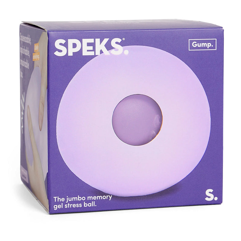 Speks Gump Jumbo Mist memory gel stress ball in its purple SPEKS retail box
