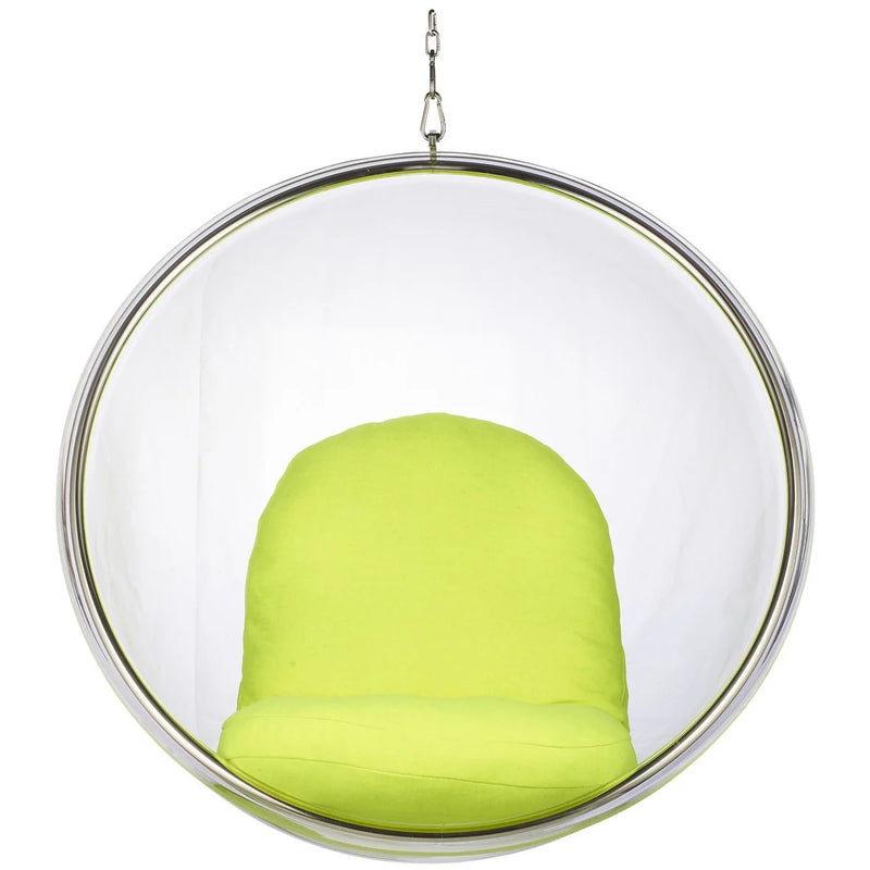 A modern hanging bubble chair with a clear glass or acrylic sphere, a silver metal frame, and a bright lime green cushioned seat and backrest, suspended by a chain against a white background.