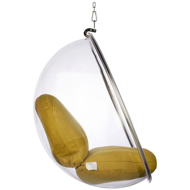 A modern clear hanging bubble chair with olive green cushions, suspended by a chrome metal frame and chain against a white background.