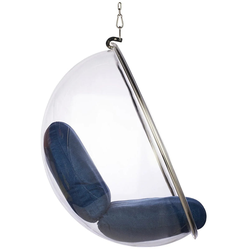 A modern clear hanging egg chair with dark blue fabric cushions and a chrome metal frame, suspended by a chain against a white background.