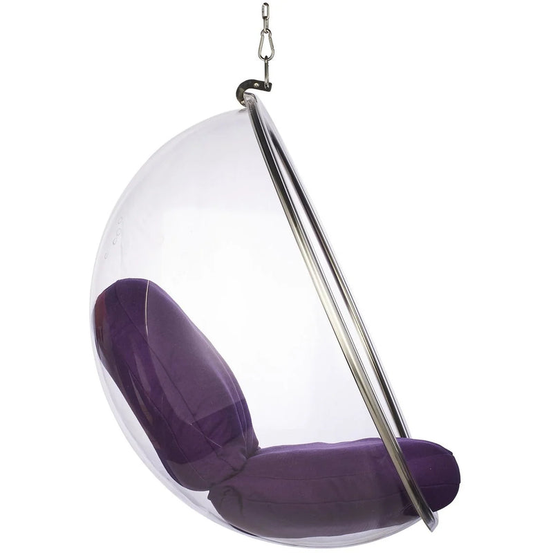 A modern hanging egg chair with a clear transparent plastic shell, a purple cushioned seat, and a silver metal frame and hanging chain, shown against a plain white background.