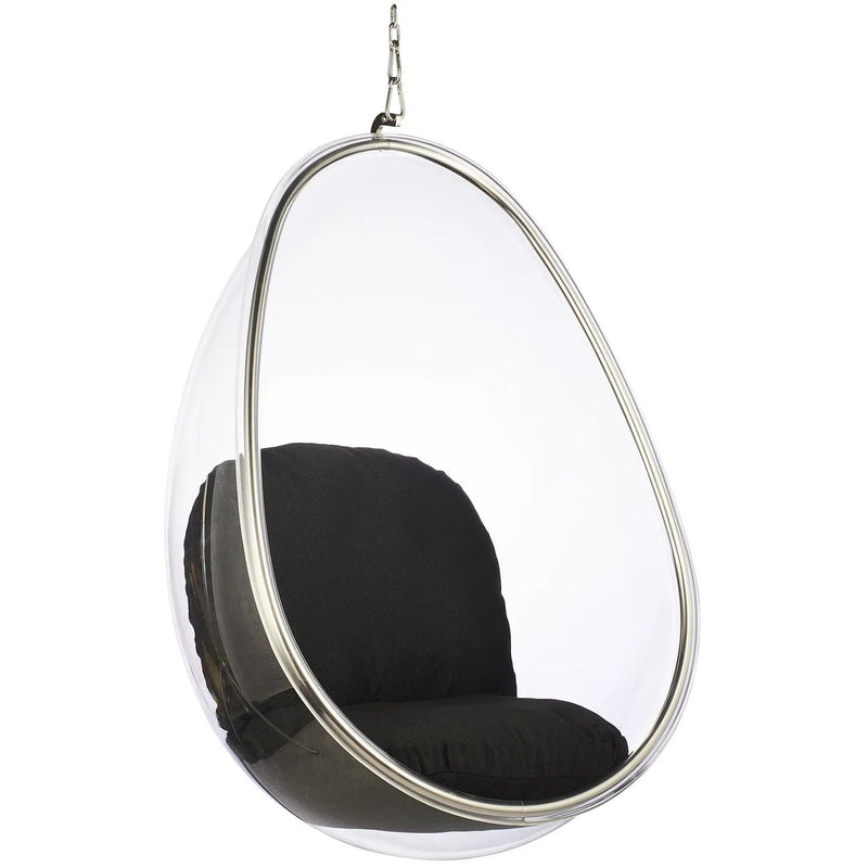 Clear hanging egg chair with a black cushioned seat and backrest, suspended by a silver metal frame and chain against a white background.