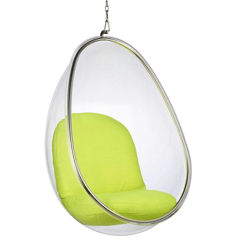 Clear hanging egg chair with a bright lime green cushioned seat and backrest, suspended by a silver metal frame and chain against a white background.