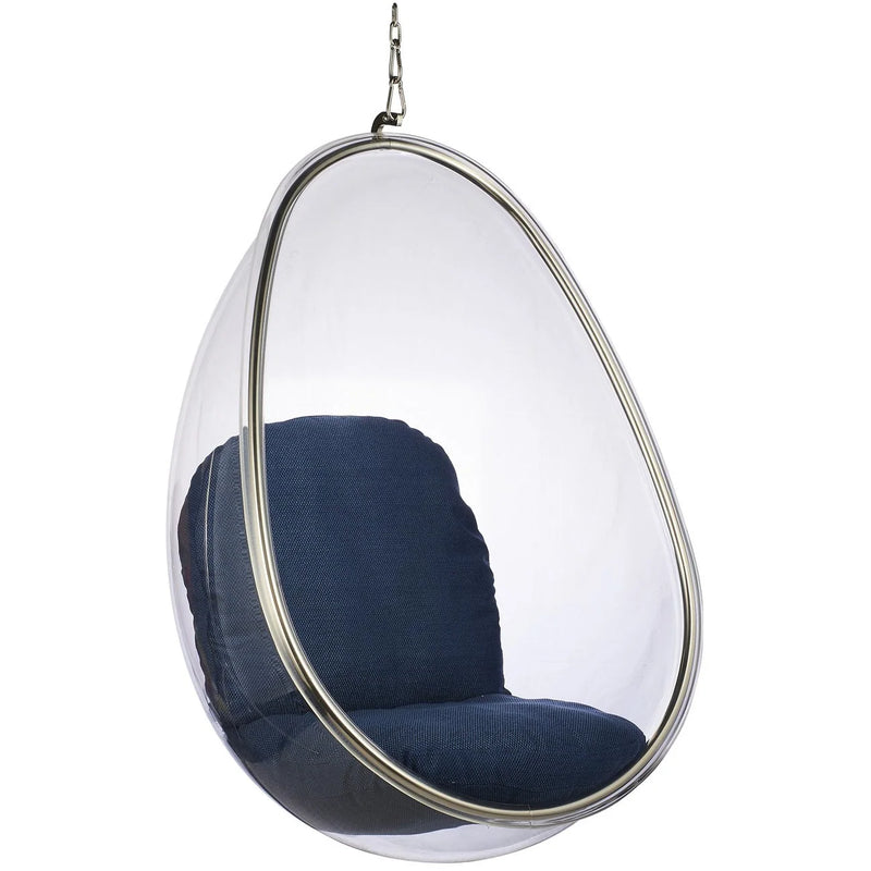A modern teardrop-shaped hanging egg chair with a clear transparent shell, a polished silver metal frame, and dark navy blue fabric cushions on a white background.
