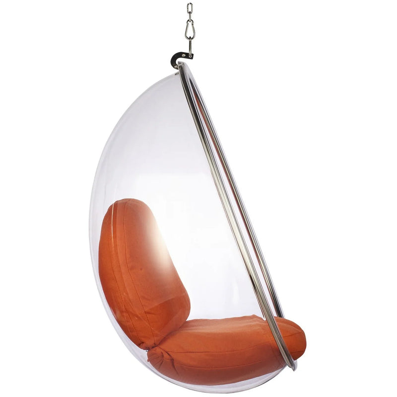 A modern hanging egg chair with a clear transparent plastic shell, a brown upholstered seat cushion, and a chrome metal frame, suspended by a chain against a white background.