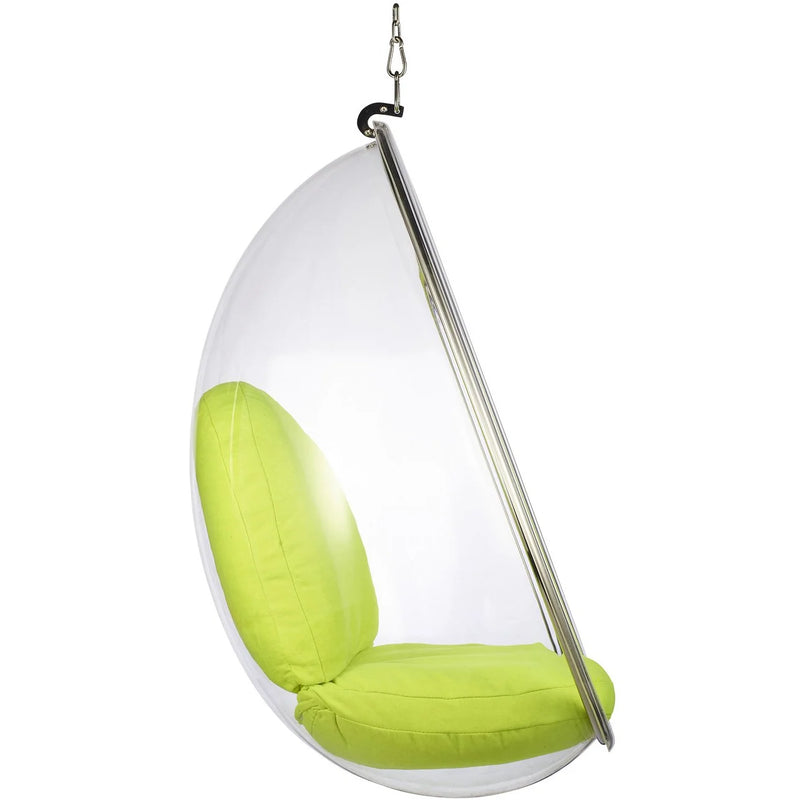 A modern hanging egg chair with a clear plastic shell, a silver metal support frame, and bright lime green cushions inside, suspended by a chain against a white background.