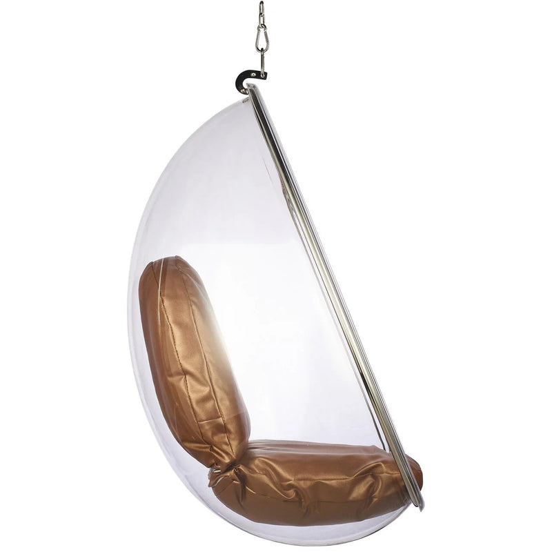 A modern teardrop-shaped hanging egg chair with a transparent clear plastic shell, a metallic silver frame, and a brown cushioned seat and backrest, suspended by a chain against a white background.