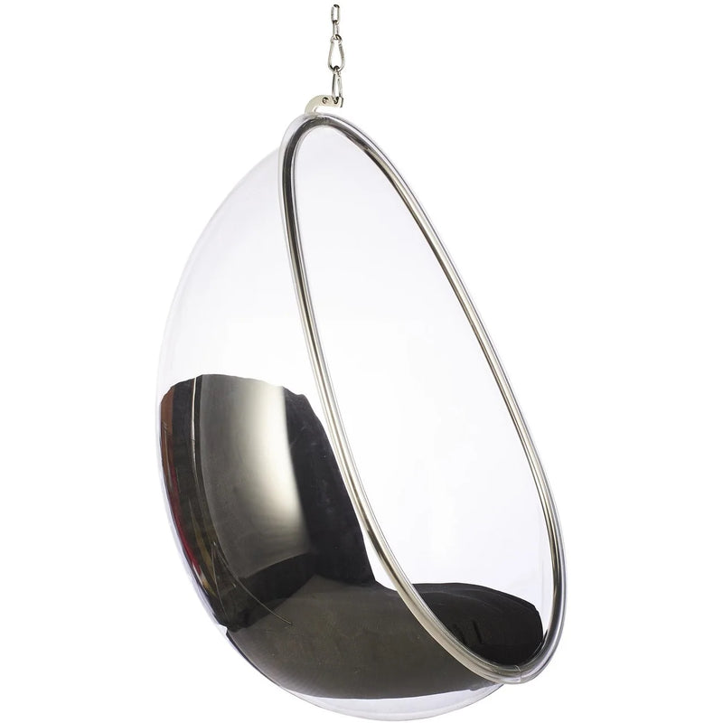 A modern teardrop-shaped hanging egg chair with a clear plastic shell, a polished silver metal frame, and a black cushion inside, suspended by a chain against a white background.