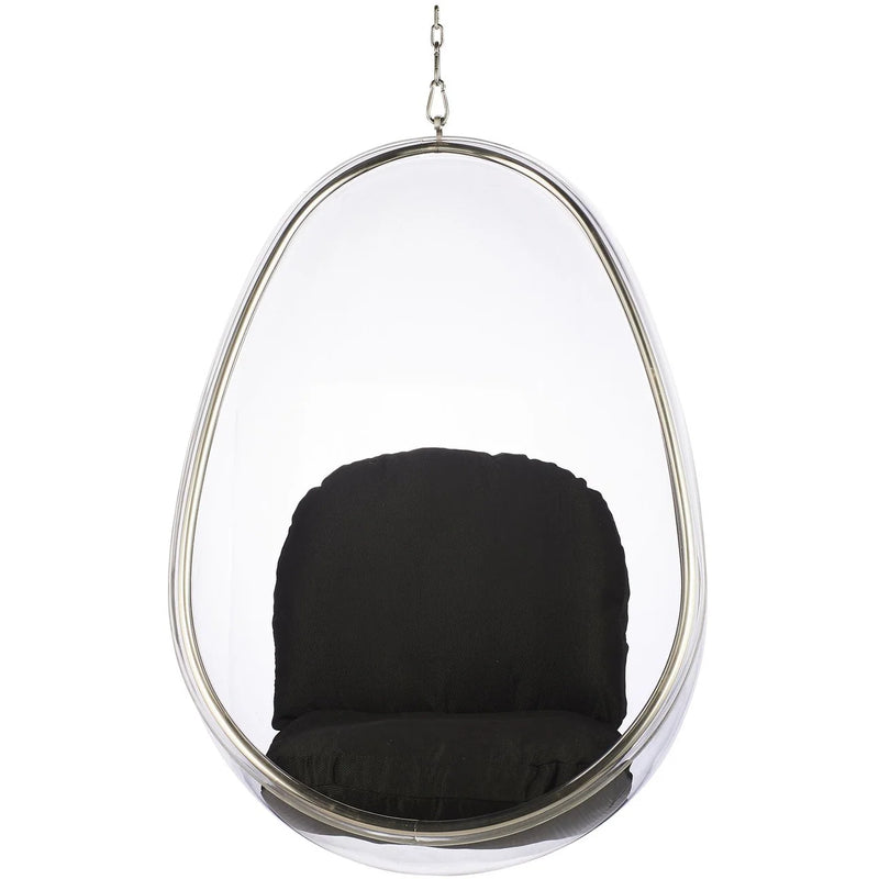 A modern egg-shaped hanging chair with a clear acrylic shell, a silver metal frame, and a black cushioned seat and backrest, suspended by a chain against a white background.