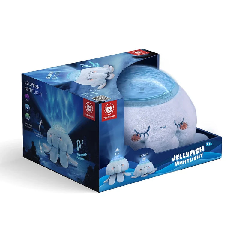 Jellyfish Nightlight in its display packaging, showing the blue plush jellyfish and projection dome.
